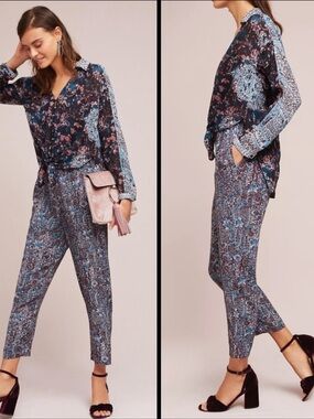 Anthropologie Maeve Hallie 2 Piece Floral Cropped Jumpsuit Purple Blue Sz 6